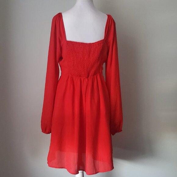 Holiday Party Red Babydoll Dress Sweetheart Neck Smocked Back Balloon Sleeves 8 - Picture 8 of 12